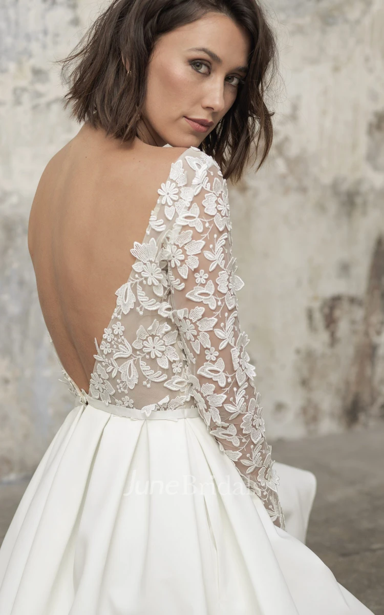 Simple A Line Short Knee-length Satin Lace Bateau Long Sleeve Wedding Dress