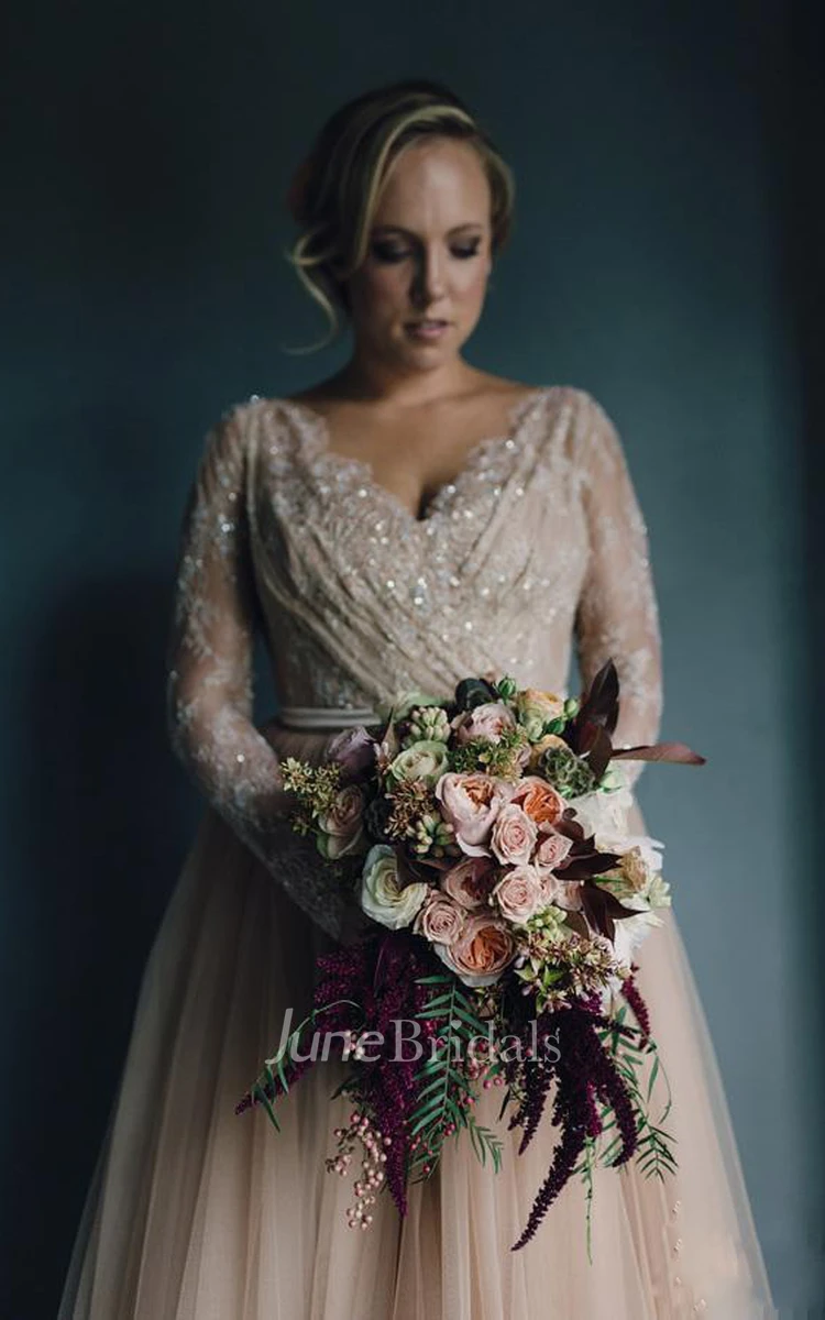 Elegant Modest Pink Plus Size Blush Long Sleeves A Line Tulle Lace Bling Sequins V Neck Bridal Gown