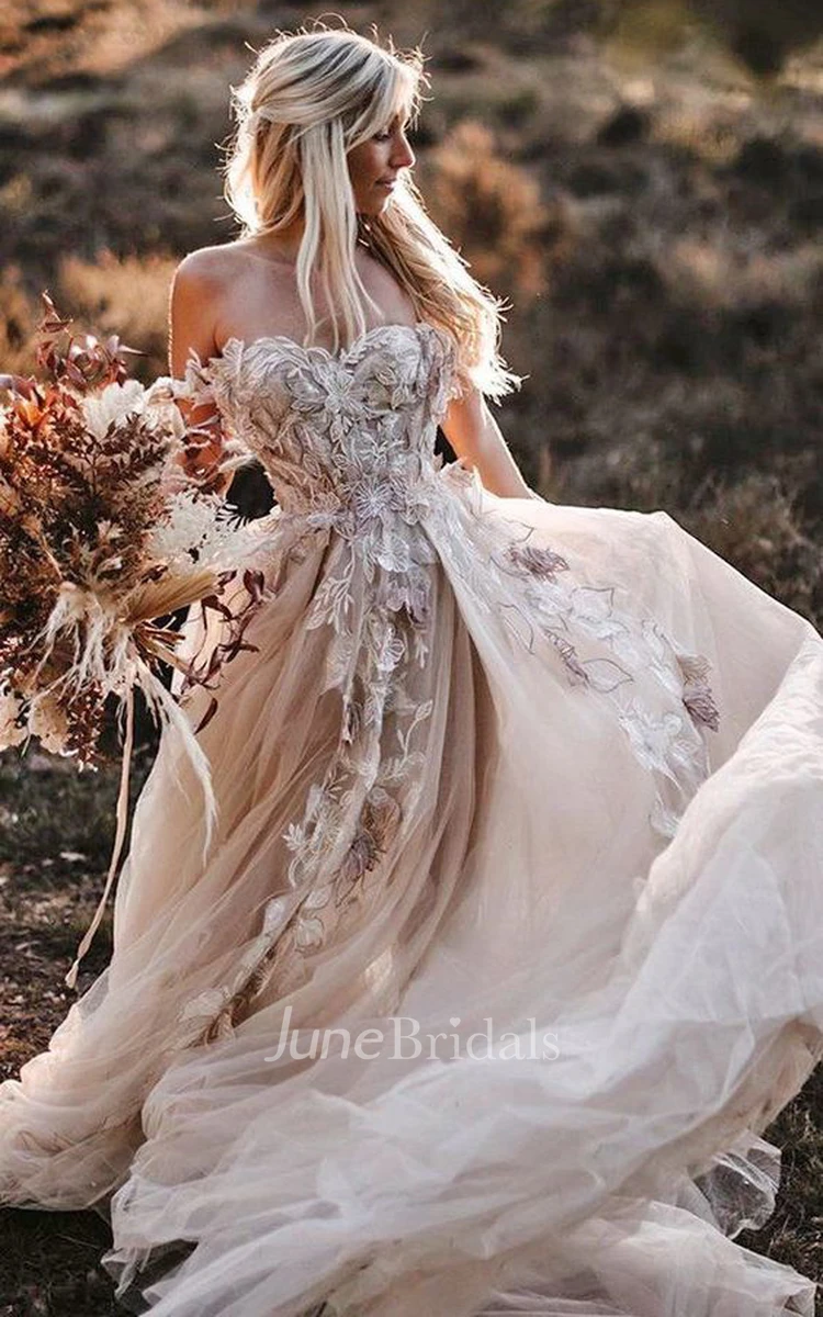 Flowy Country Off The Shoulder Lace Boho Wedding Dress with 3D ...