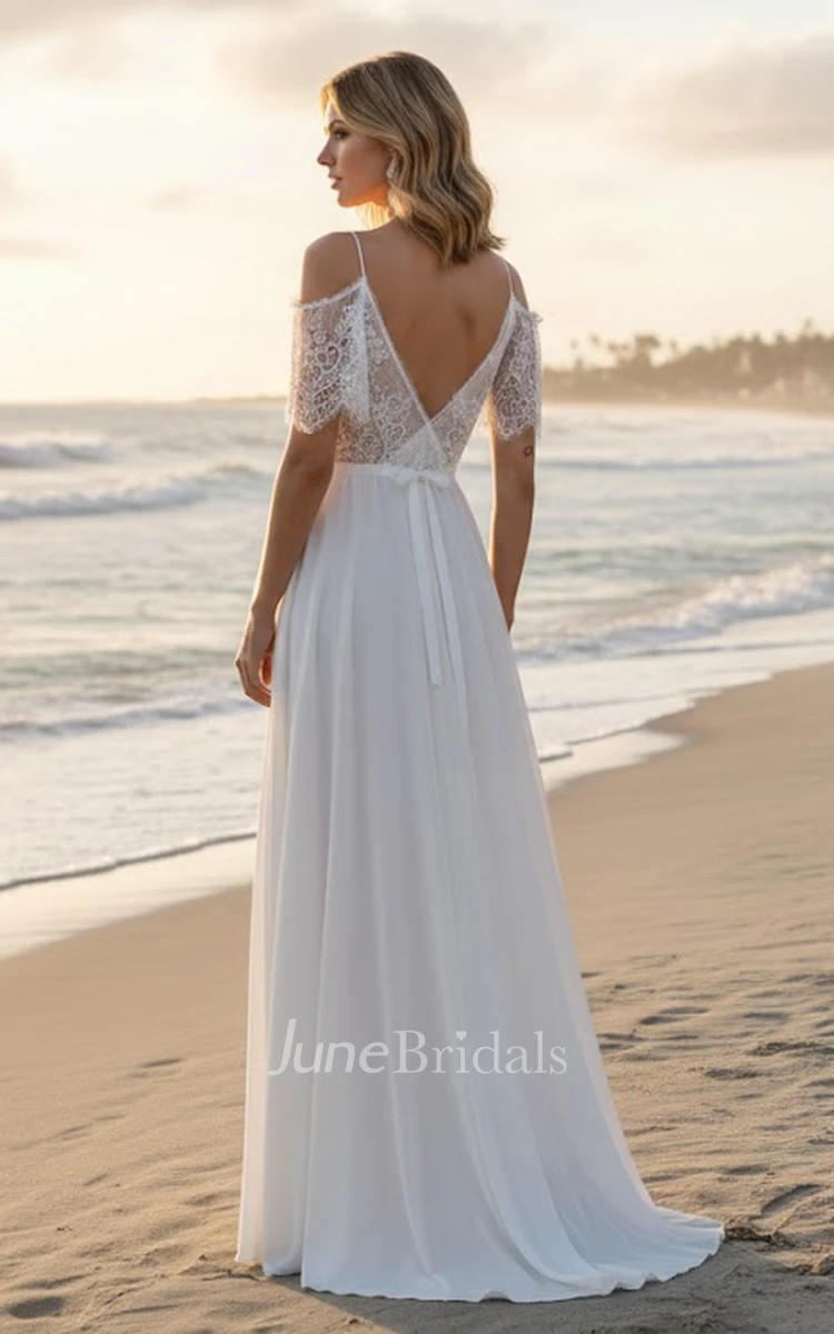 Off-The-Shoulder Lace Beach Wedding Dress Boho A-Line Backless Bridal Gown