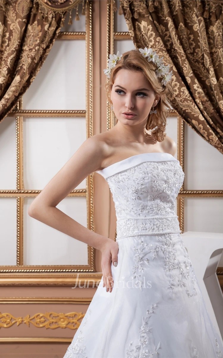 Strapless Lace A-Line Gown with Beading and Zipper Back