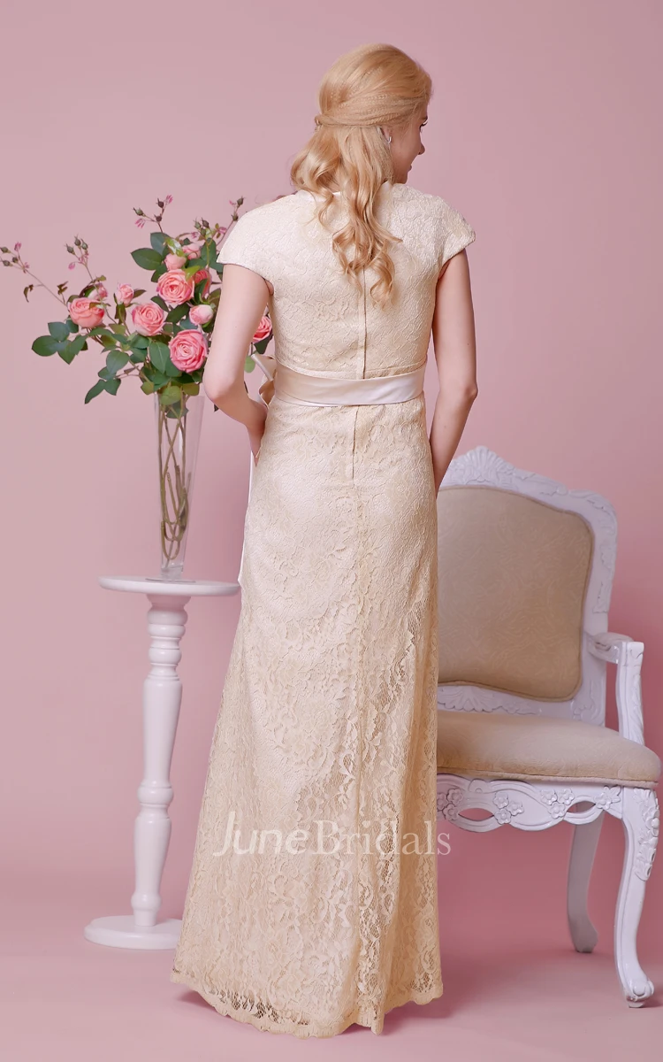 Cap-sleeved Sheath Lace Maternity Wedding Dress With Criss-crossed V Neck