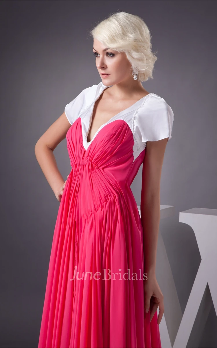 Plunged Short-Sleeve A-Line Gown with Pleats