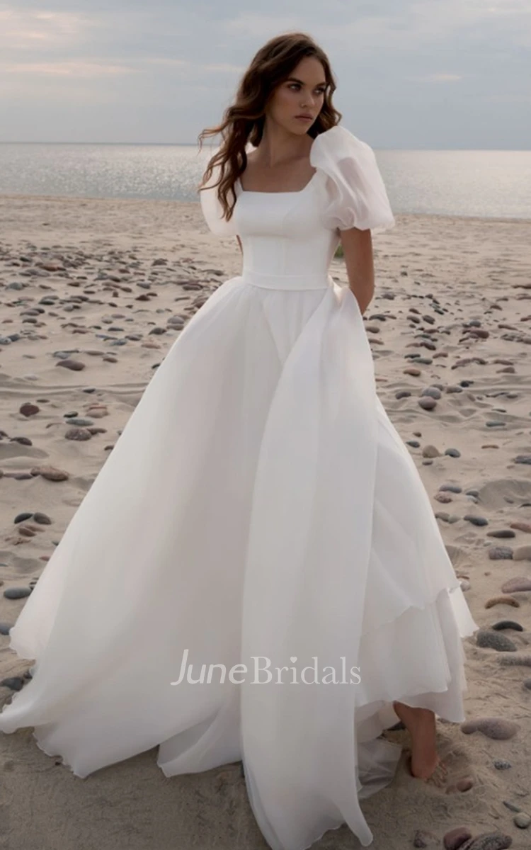 Ethereal Scoop A Line Chiffon Court Train Wedding Dress with Ruching