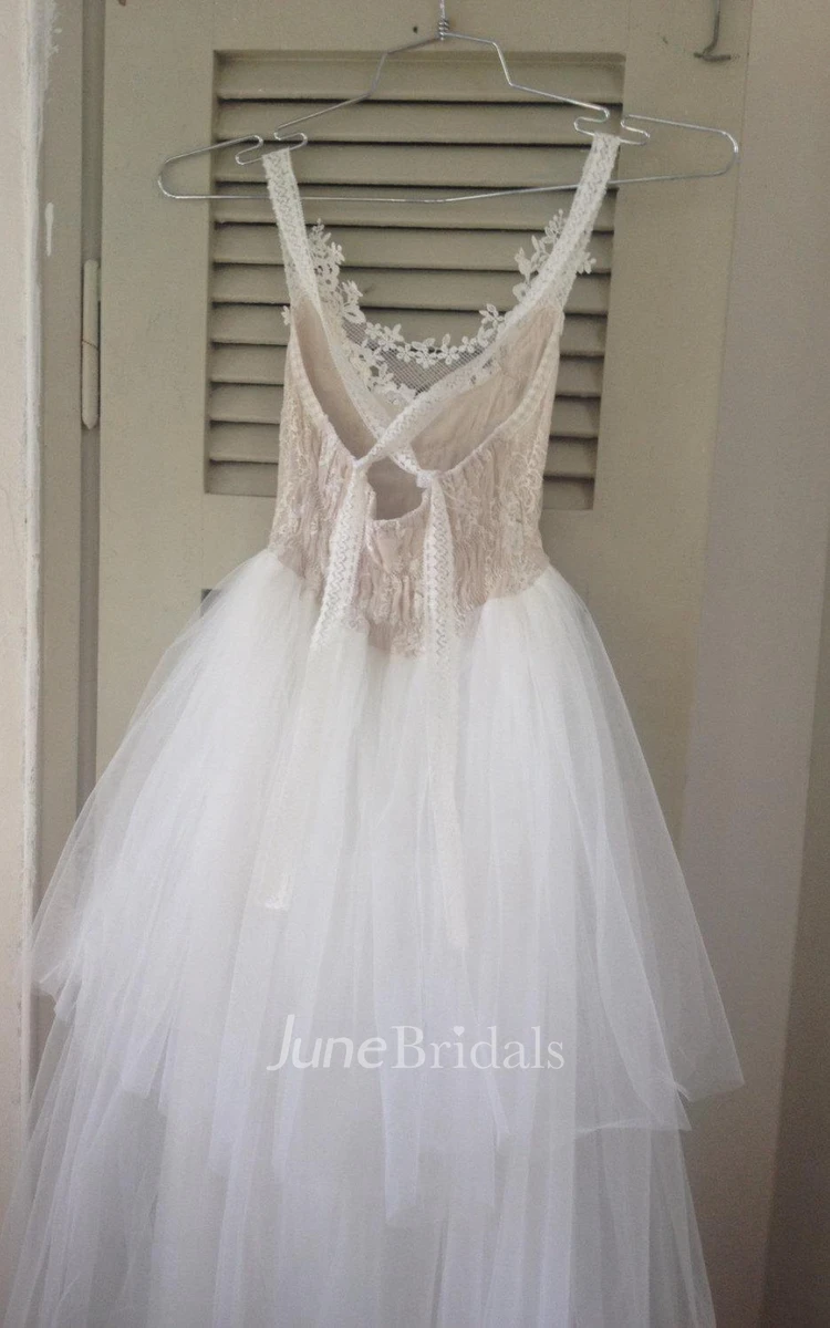 Sleeveless Low-v Neck Tulle&Lace Dress With Flower