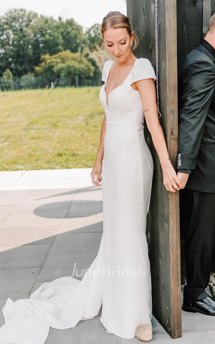 Gorgeous Satin Cap Sleeve Queen Anne Neck Deep V-Back Solid Garden Wedding Dress