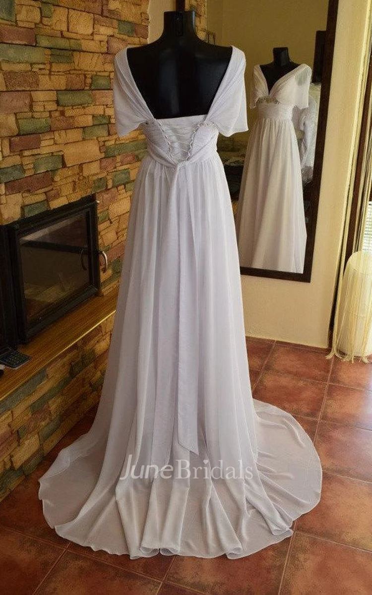 V-Neck A-Line Chiffon Wedding Dress With Ruching and Beading