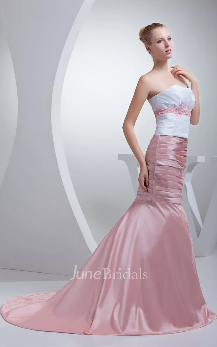 Two-Tone Strapless Column Dress with Ruching and Appliques