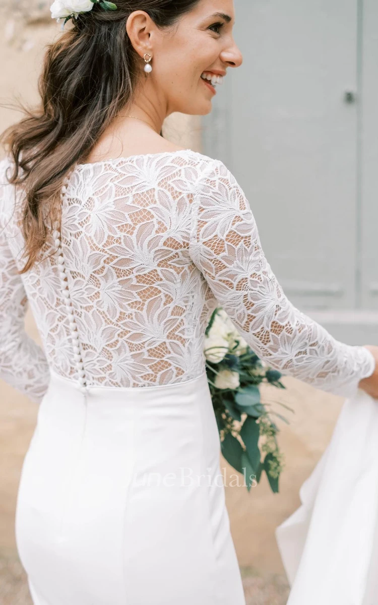 Modest Long Sleeve Mermaid Wedding Dress Garden Lace Appliques V-neck Long Sleeve Bridal Gown