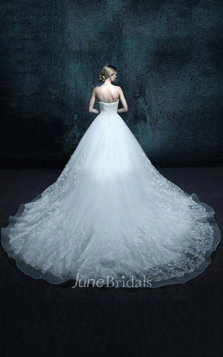 A-Line Strapped Chapel Train Lace Organza Dress With Appliques