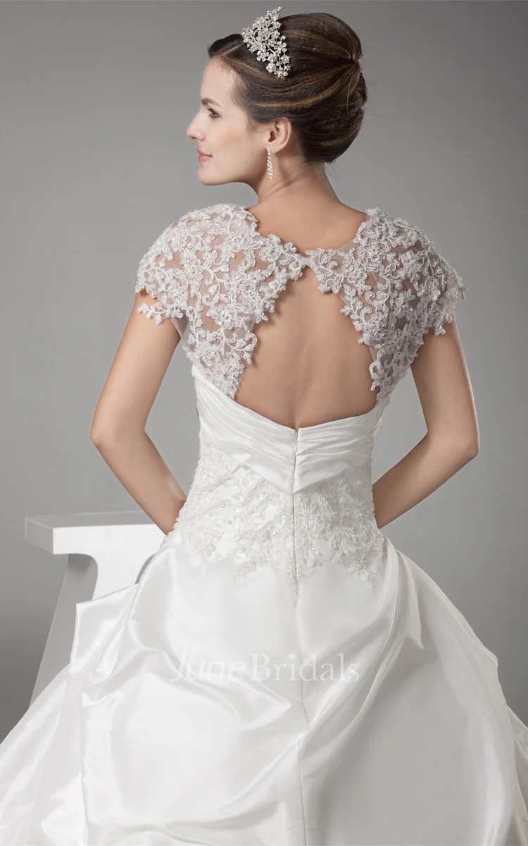 Caped-Sleeve Appliqued Pick-Up Gown with Flower and Ruching