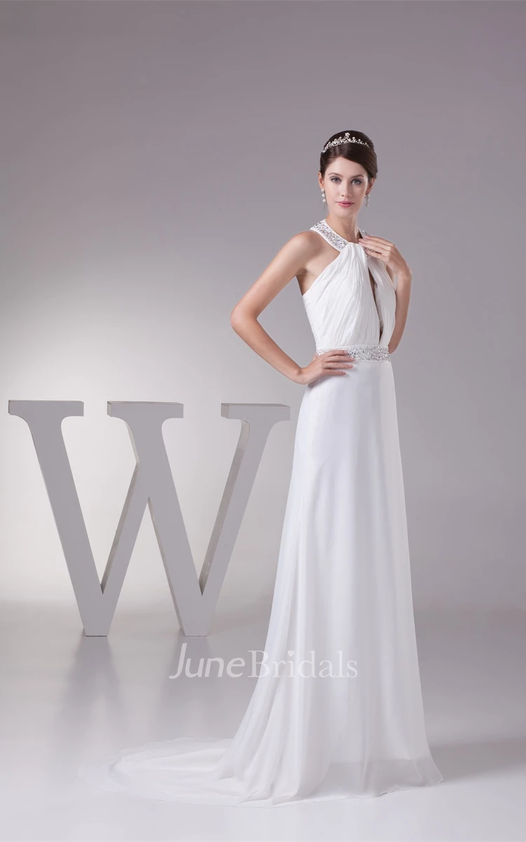 Sleeveless Ruched Sheath Dress with Collar and Beaded Waist