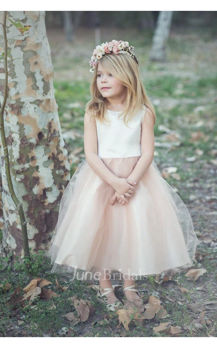 Sleeveless Scoop Neck Over Tulle Skirt A-line Dress With Bow Sash