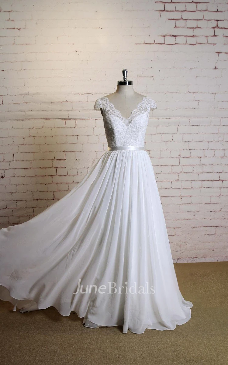 V-Neck Cap Sleeve A-Line Chiffon Wedding Dress With Lace Top and Satin Sash