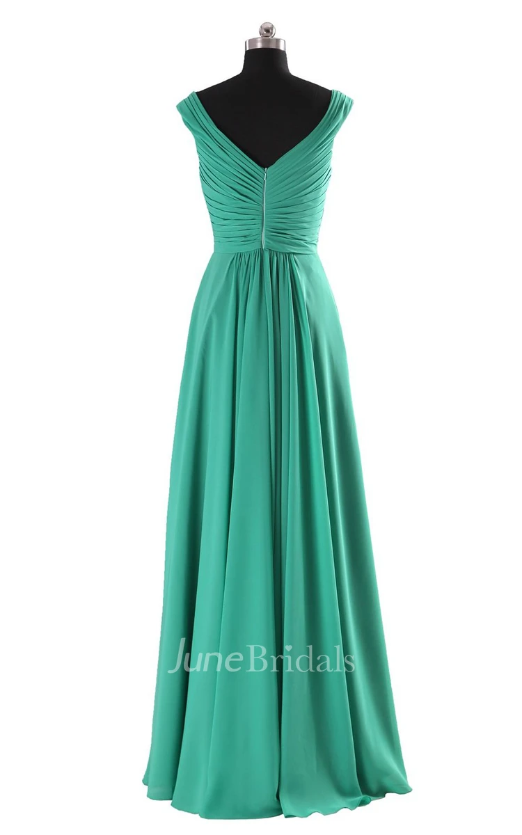 V-neckline Pleated Long Dress With Ruching and Beading