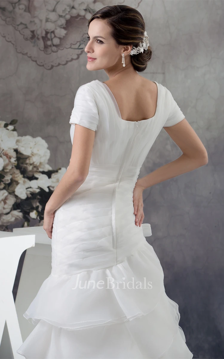 Square-Neck Short-Sleeve Ruched Gown with Flower and Tiers