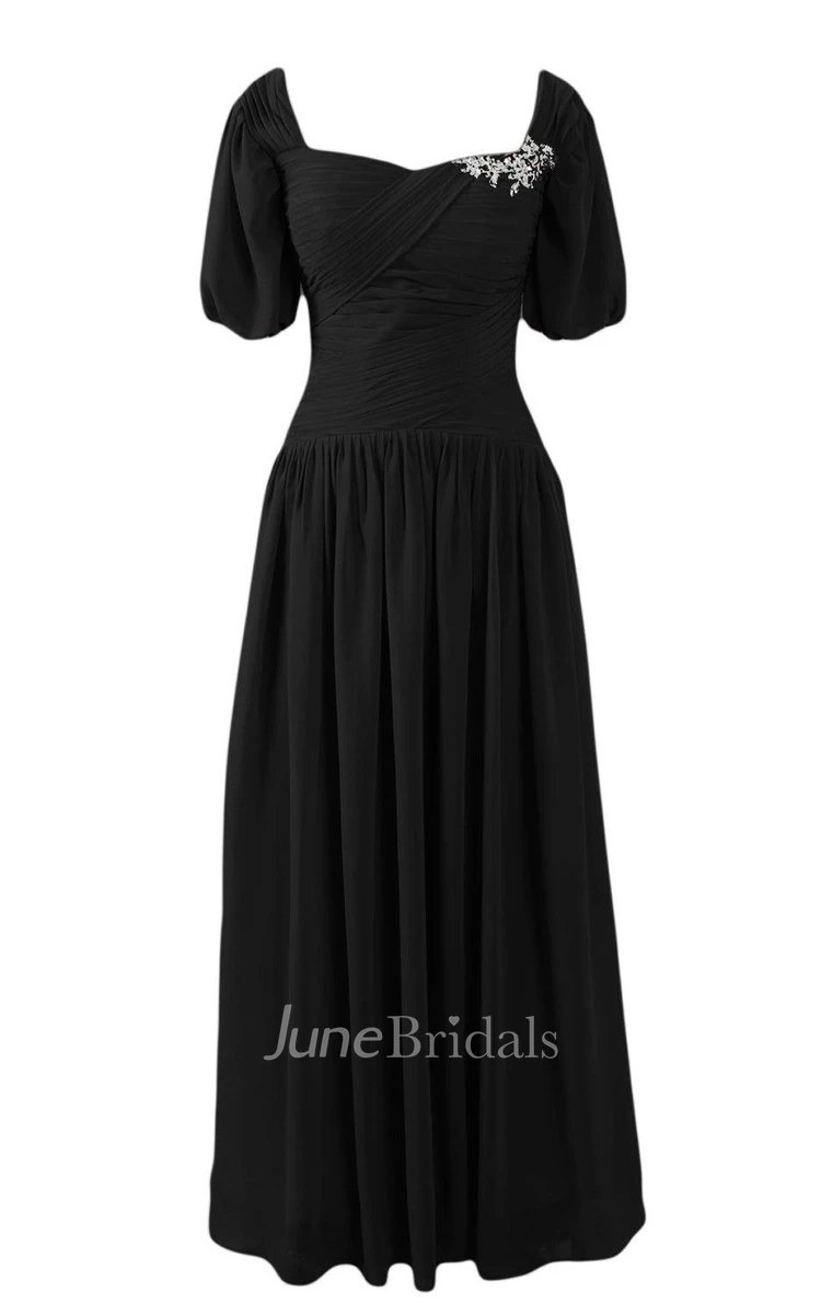 Short-sleeved A-line Chiffon Gown With Pleats