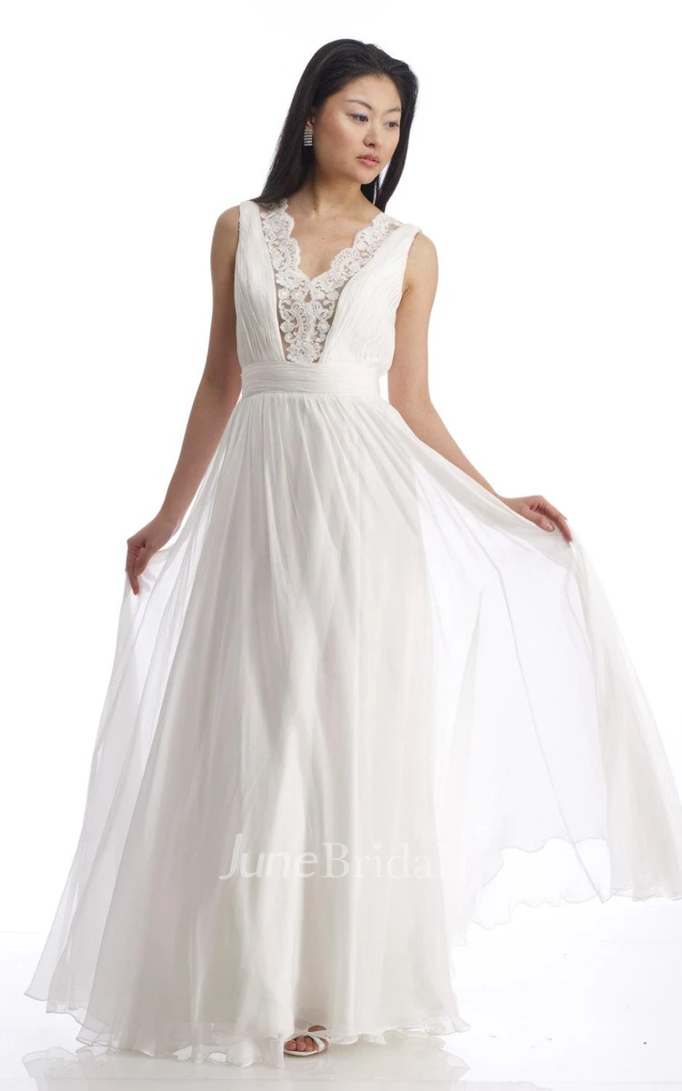 V-Neck Sleeveless Low-V Back Chiffon Wedding Dress With Ruching And Appliques