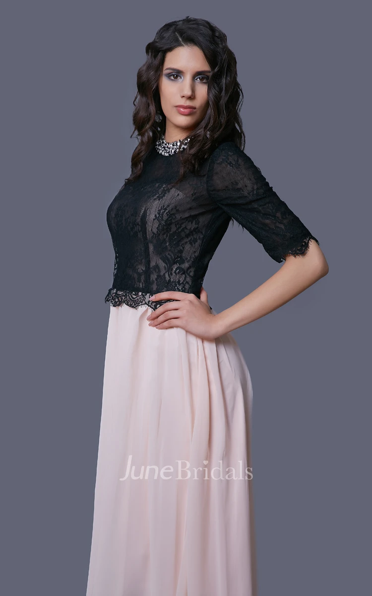Lace and Chiffon A-Line Floor Length Dress With Half Sleeves and Jeweled Neck