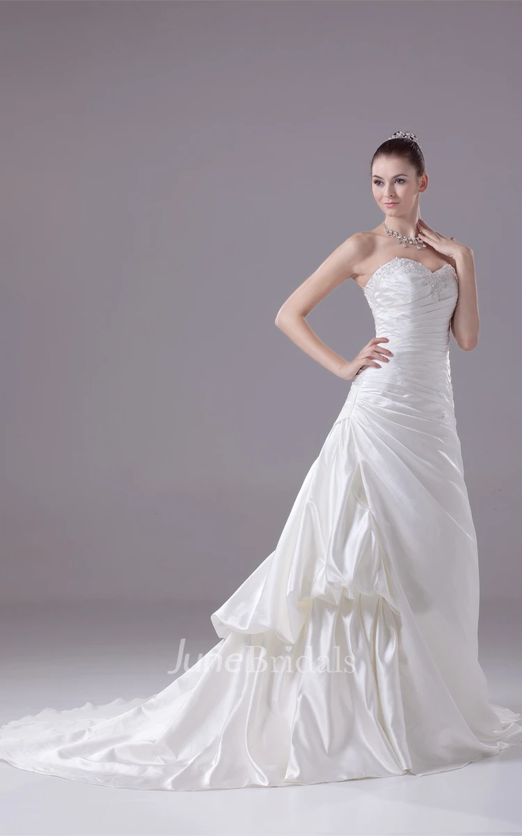 Sweetheart A-Line Beaded Ruched Satin Gown with Beadings and Ruffles