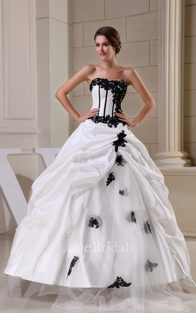 Glamorous Ruffled Strapless Bodice Gown with Lace Appliques and Zipper Back