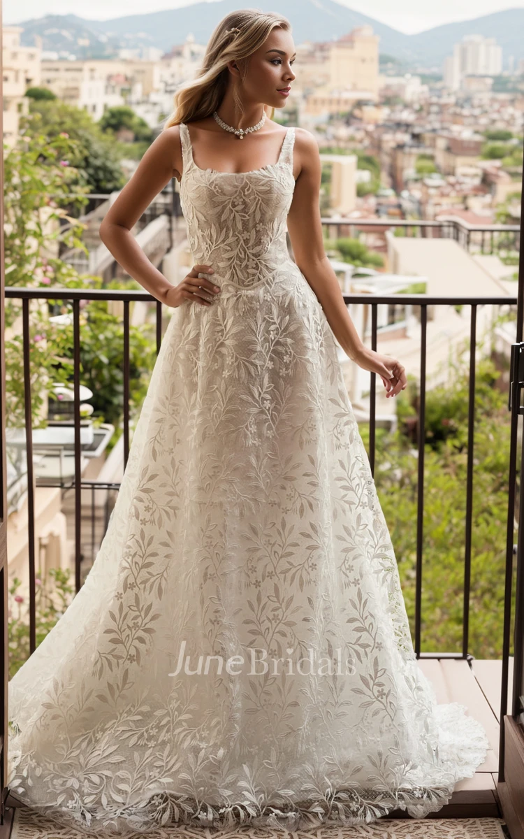 Ethereal Floral A-Line Sleeveless Boho Lace Wedding Dress Princess Romantic Beach Bridal Gown With Train