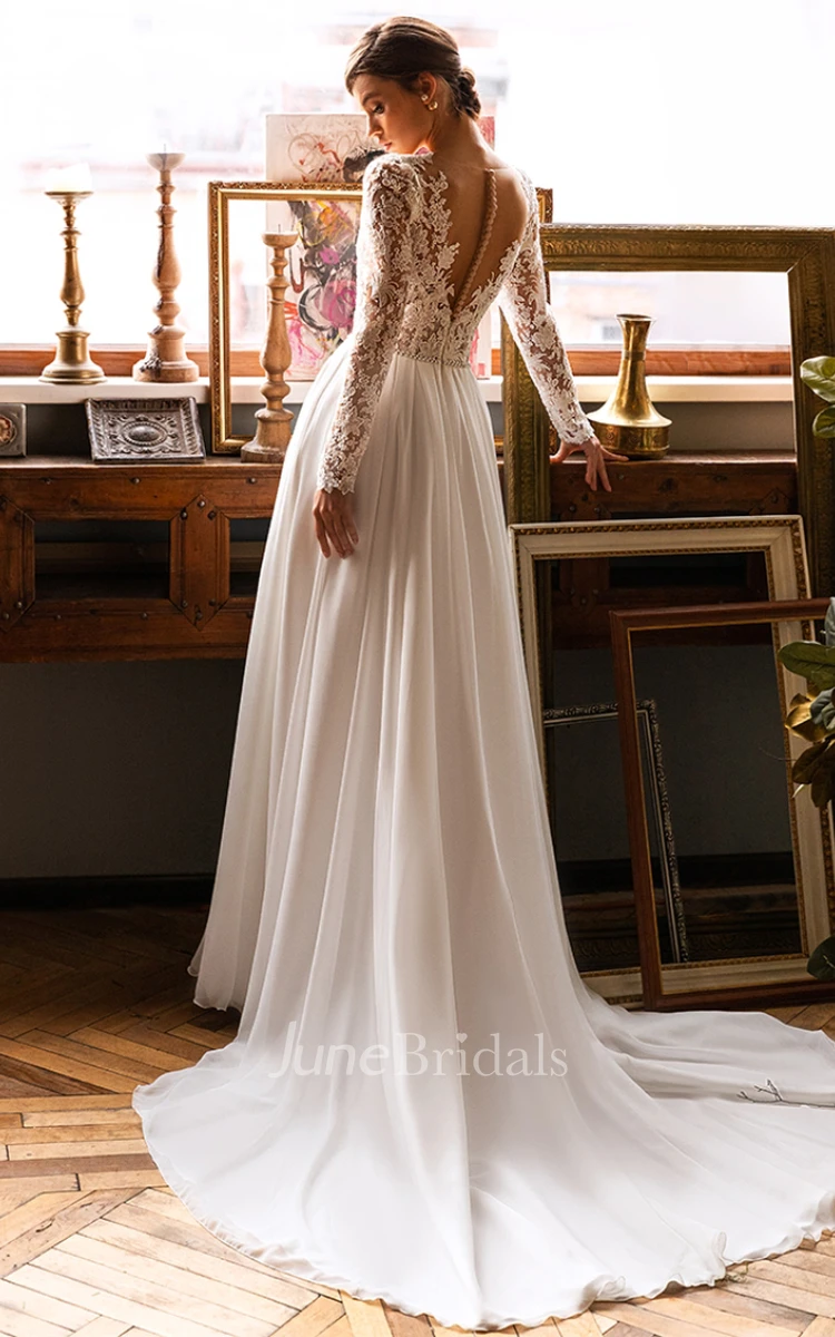 A-Line V-neck Lace Chiffon Romantic Wedding Dress With Button Back And Appliques