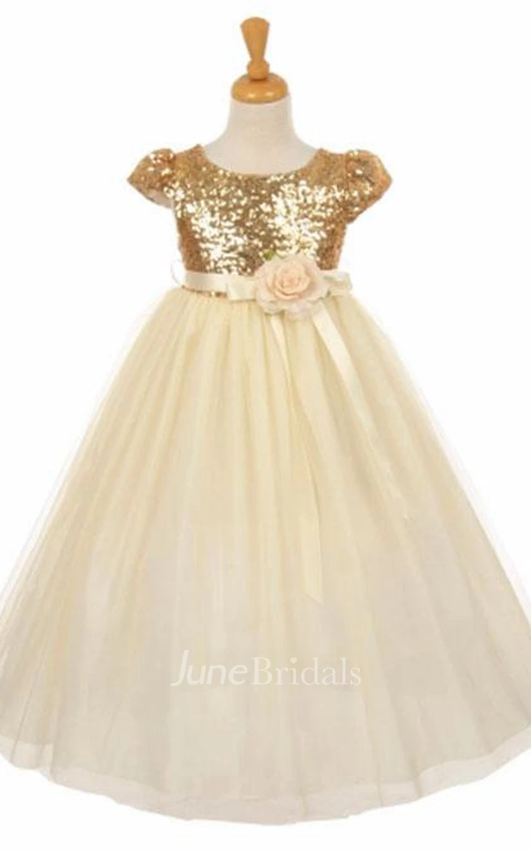 Sparkly Adorable A-Line Short Cap Sleeve Scoop Neck Sequined Flower Girl Dress with Flower Sash