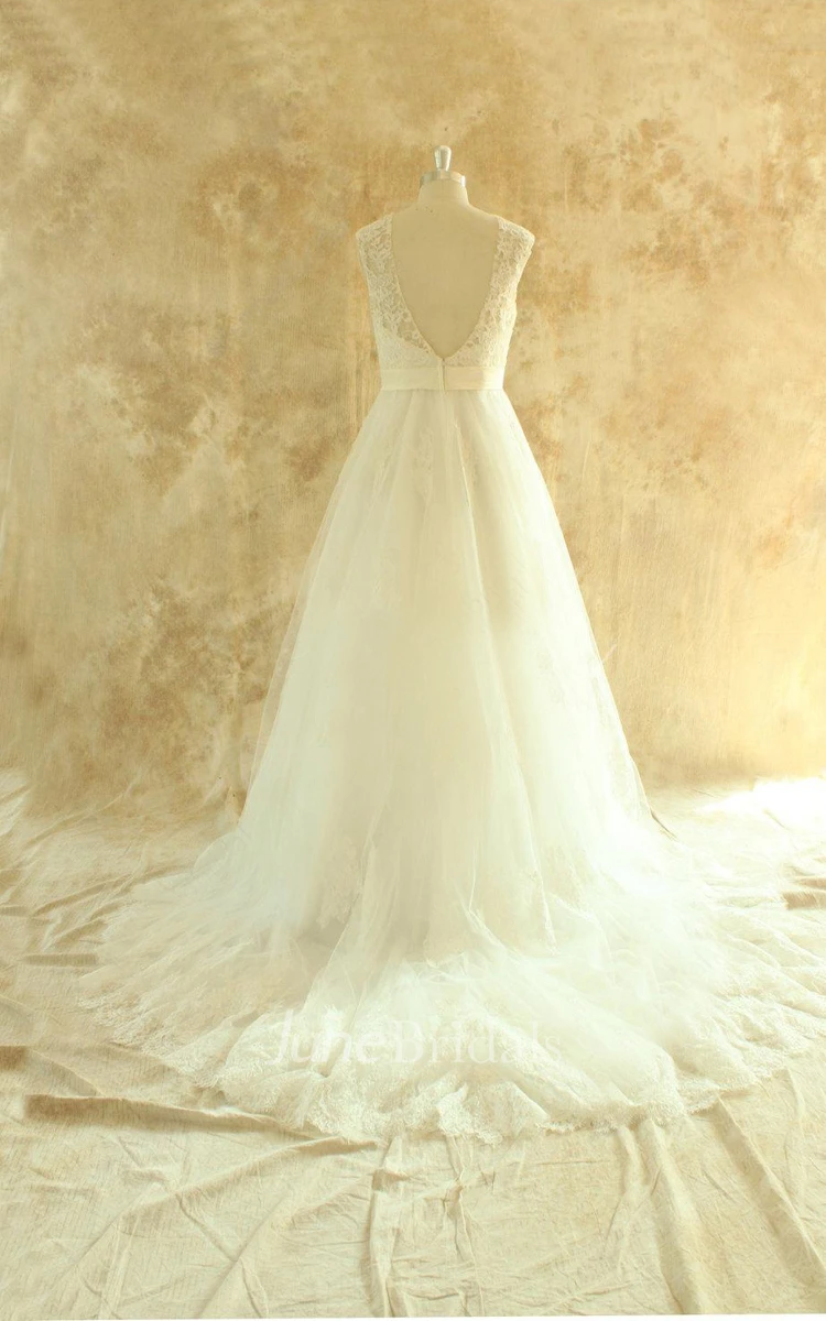 Jewel Sleeveless Deep-V Back Tulle Wedding Dress With Sash And Crystal Detailing