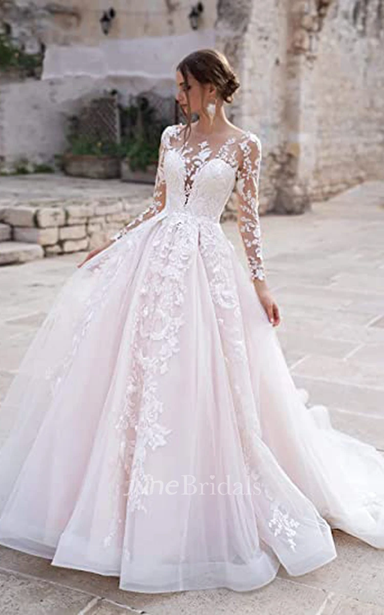 A-Line Plunging Neckline Lace Wedding Dress Casual Elegant Adorable Beach With Open Back And Illusion Long Sleeves And Appliques