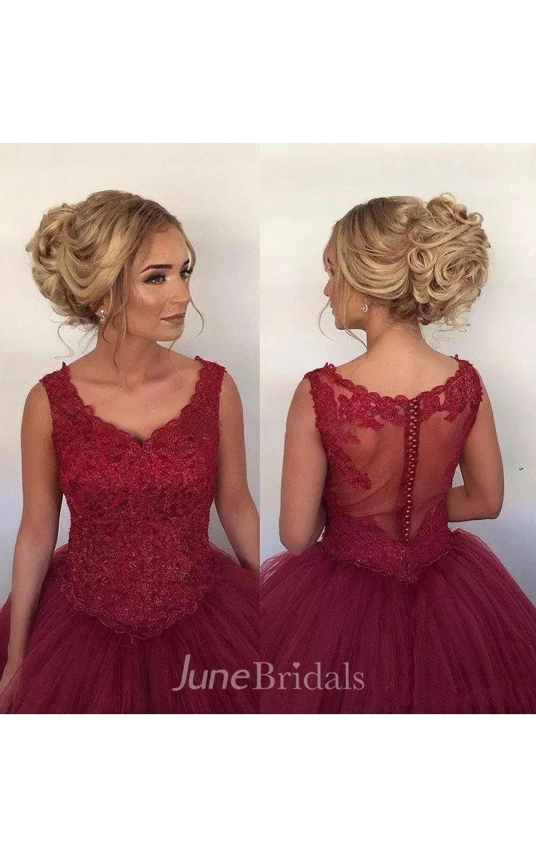 Ball Gown V-neck Sleeveless Lace Tulle Dress