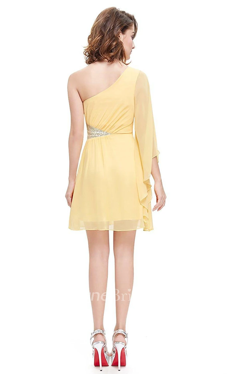 A-line One-shoulder Short Mini Pleated Chiffon Dress