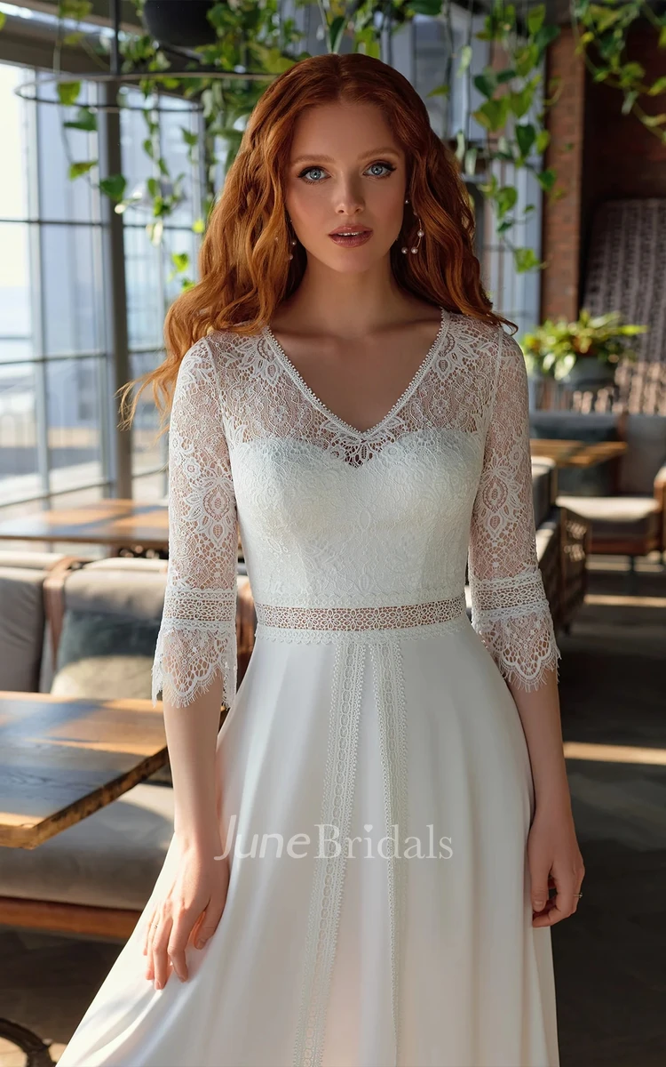 A-Line Satin Lace Illusion Half Sleeve Gorgeous Sweep Train Wedding Dress