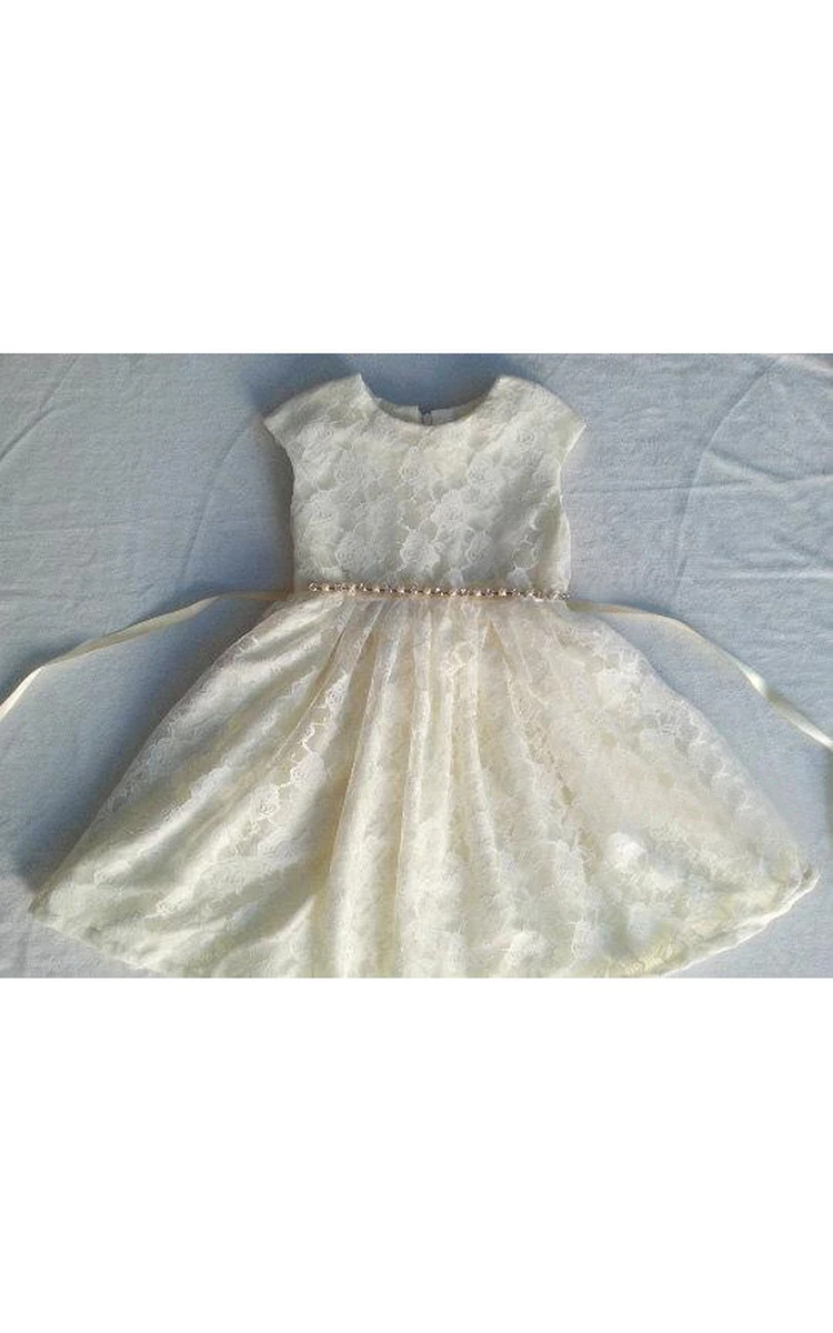 Rustic Cap Sleeve Pleated Lace Girl Dress With Beaded Sash