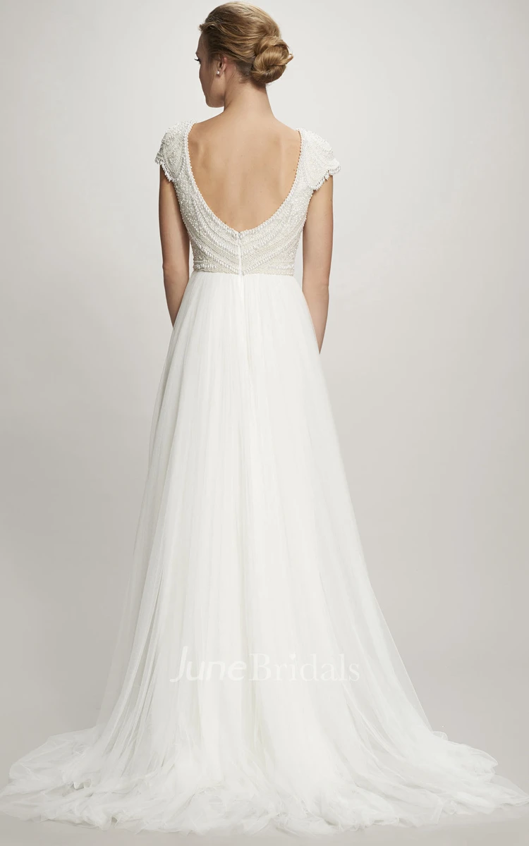 A-Line Cap-Sleeve Maxi V-Neck Tulle Wedding Dress With Beading And V Back