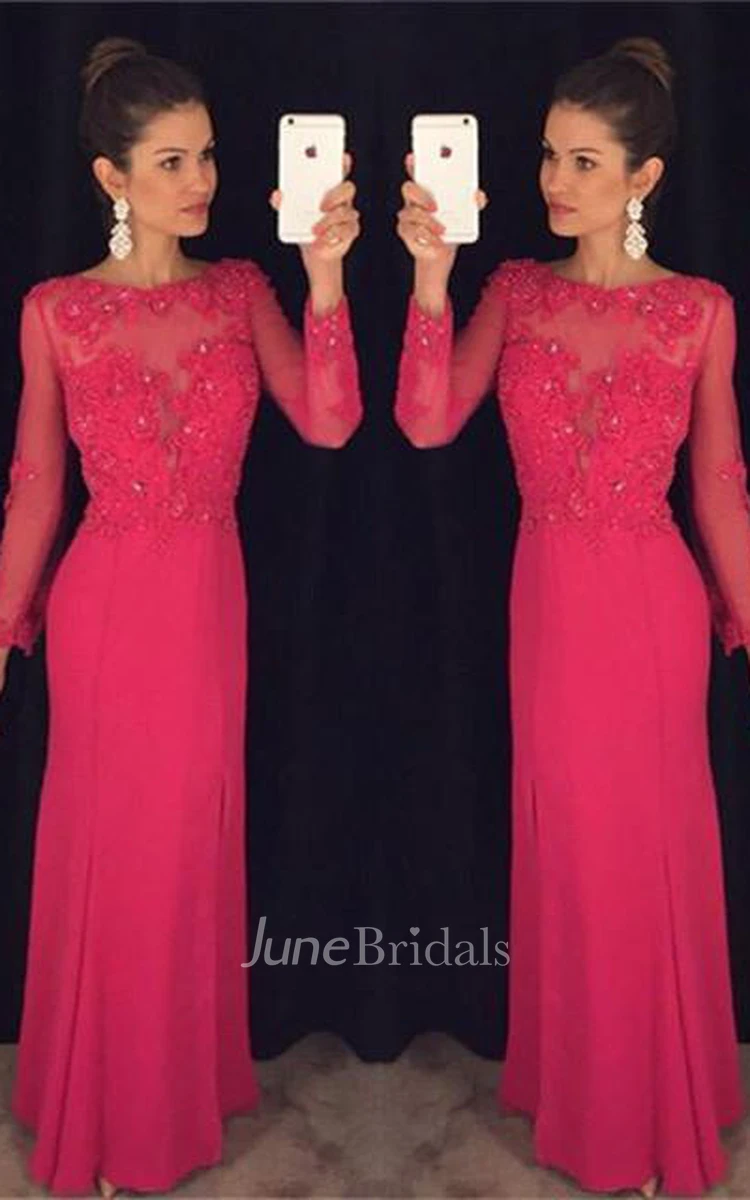 Elegant Long Sleeve Red Chiffon Prom Dress Lace Appliques Sequins