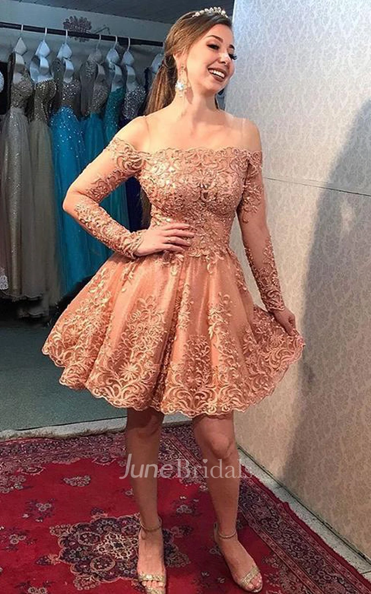 Romantic A Line Off-the-shoulder Lace Short Homecoming Dress With Long Sleeve And Open Back