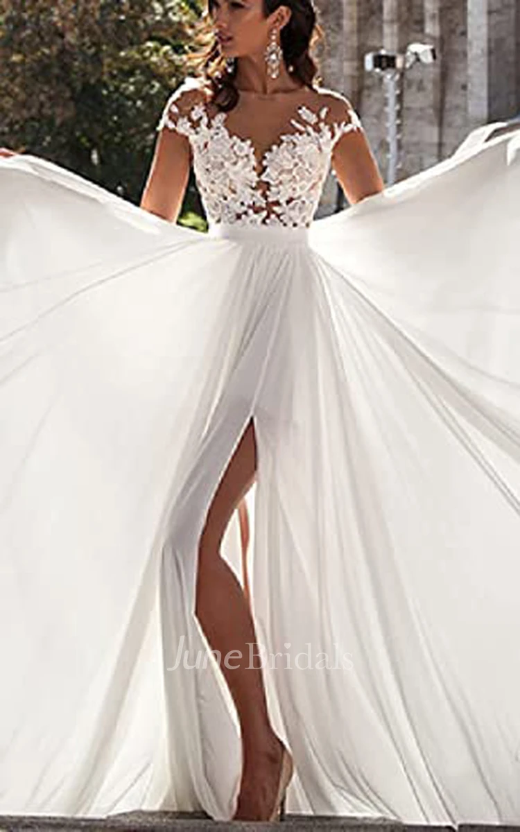 Jersey A-Line V-neck Wedding Dress Simple Romantic Casual Elegant Adorable Beach With And Illusion Short Sleeves And Appliques