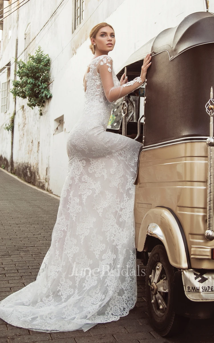 Modern Lace Long Sleeve Brush Train A Line Bateau Wedding Dress 