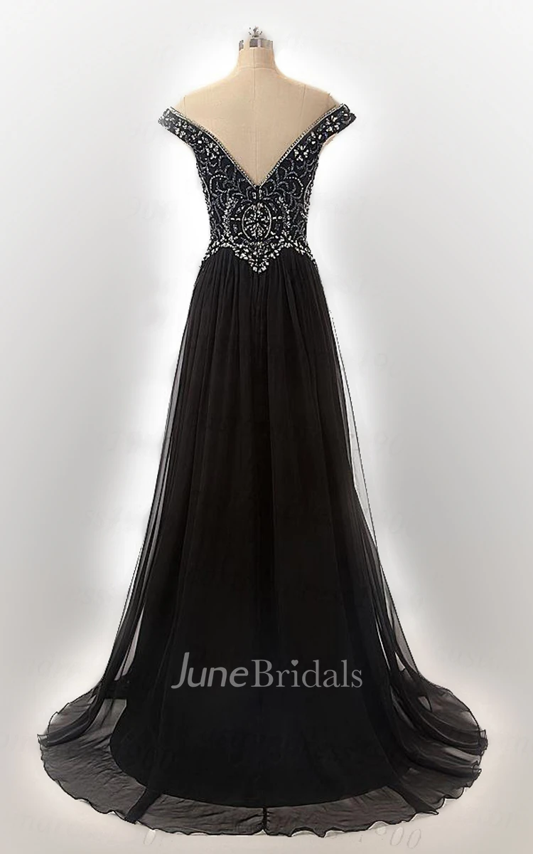 Off-the-shoulder A-line Chiffon Dress With Beaded Bodice