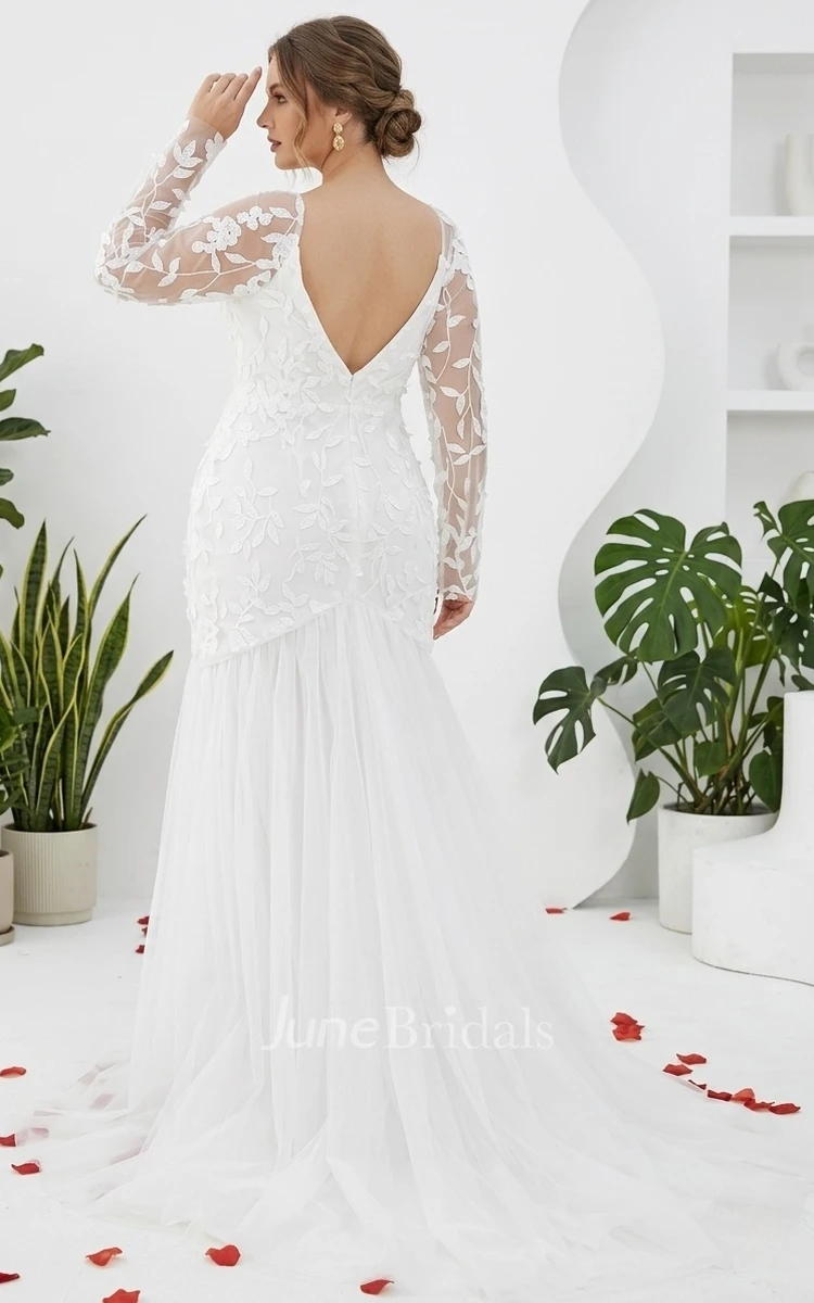 Mermaid Plus Size Long Sleeve V-neck Lace Spring Wedding Dress Backless with Train Garden