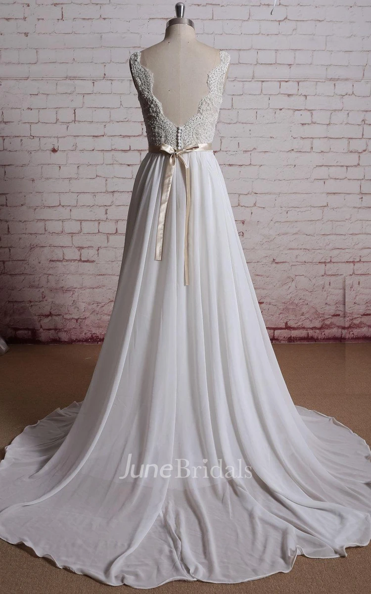 V-Neck Long Chiffon Bridal Gown With Champagne Lining of the Bodice