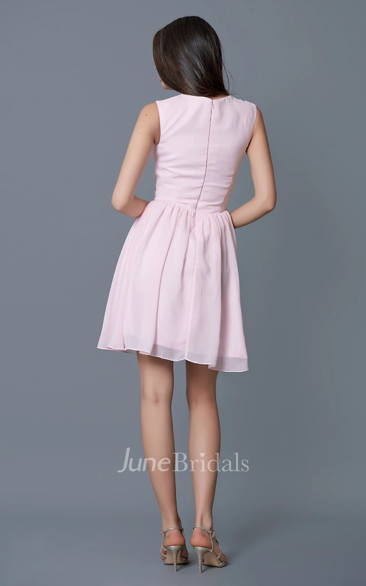 Vibrant Ruched Cap-sleeved Short Chiffon Dress With Beaded Belt