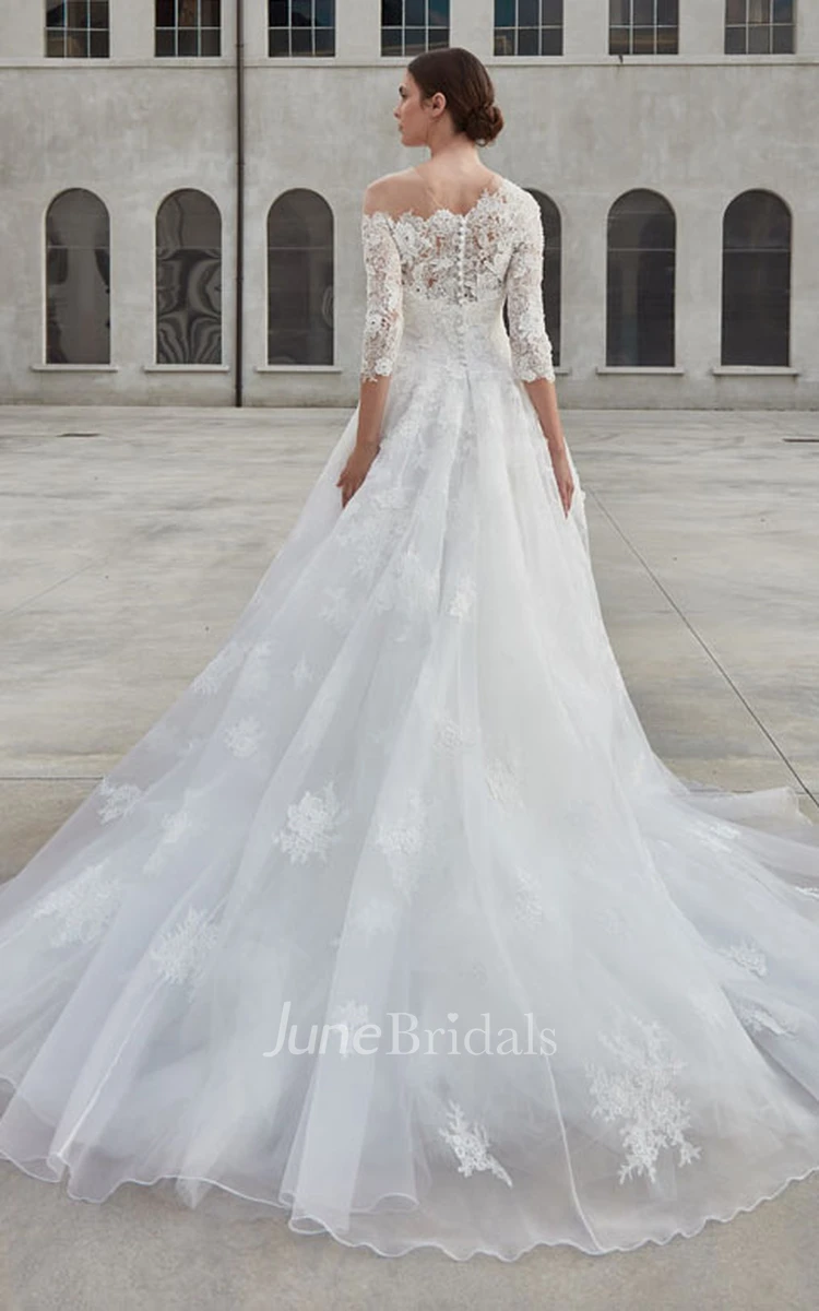 Elegant A Line Jewel Neck Lace Wedding Dress With 3/4 Length Sleeve And Button Back