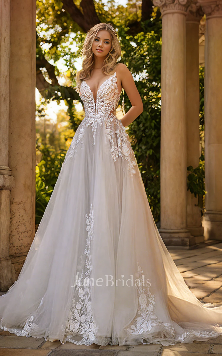 Elegant Ethereal Spaghetti Plunging Neckline A-Line Lace Flowers Tulle Wedding Dress Sexy Romantic Sleeveless Floor-length Deep-V Back Garden Bridal Gown with Train