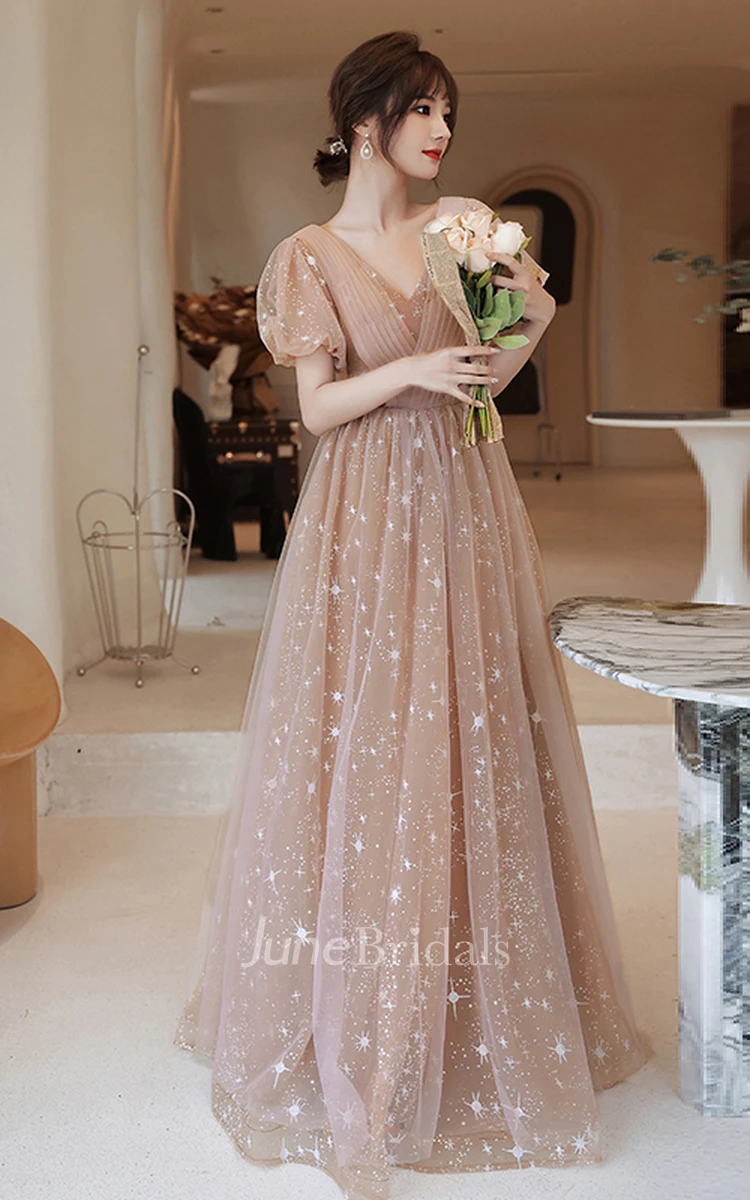 Romantic Tulle High Neck Off-the-shoulder V-neck A Line Evening Formal Dress With Ruching