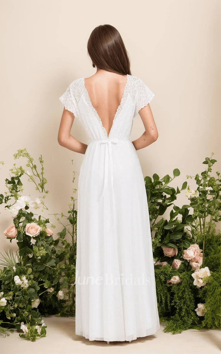 Sexy Plunging Neckline Boho Lace Short Sleeve A-Line Floor-length Wedding Dress with Ribbon Deep-V Back