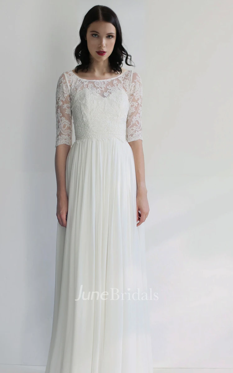 Simple Sheath Chiffon Bateau Half-Sleeve Long Bridal Gown