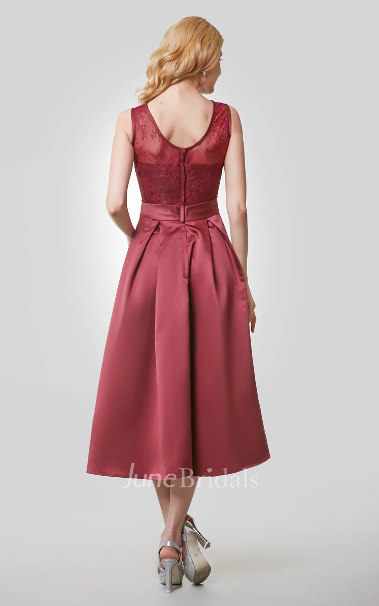 Tea Length A-Line Satin Dress With Lace Bodice and Scoop Neck