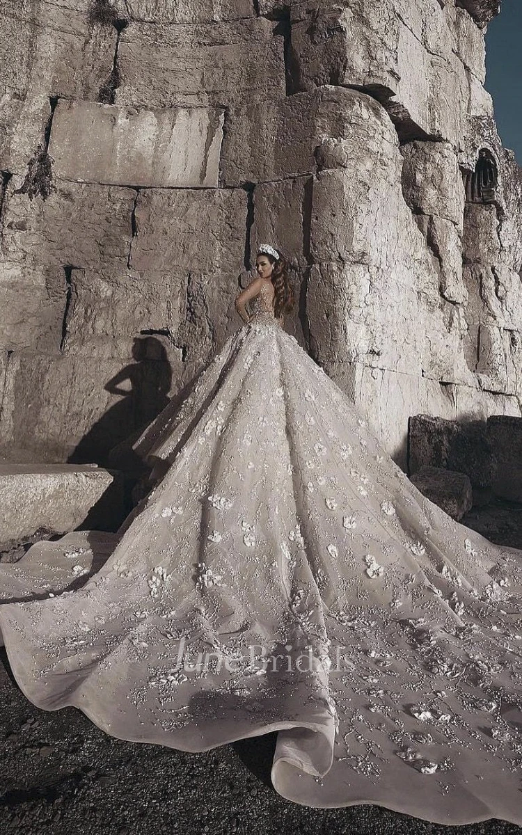 3D Floral Luxury Illusion Long Sleeve Bridal Ballgown With Beading And Appliques